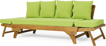 Outdoor Adjustable Patio Wooden Serene Daybed Sofa Chaise Lounge with Cushions for Small Places, Sleeper Chair with Armrest for Backyard, Poolside (Green)