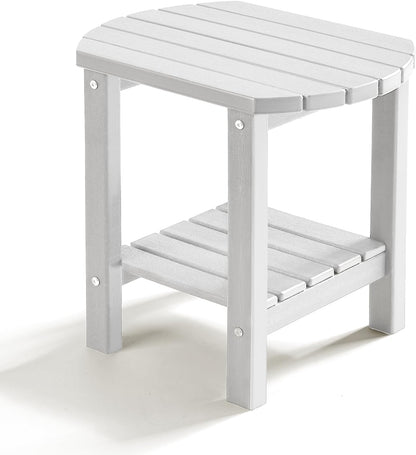PASAMIC Outdoor Side Table, HDPE Adirondack Oval Side Table with 2-Tier Storage, Weather Resistant Outdoor End Table for Patio, Backyard, Pool, Indoor Companion, Beach, Easy Maintenance Table (White)