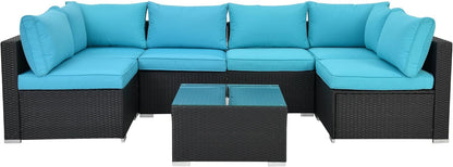 7-Piece Patio Furniture Set - Outdoor Sectional Sofa Set with Cushions and Glass-Top Coffee Table for Gardens, Poolside, Backyards and Porches, Black/Blue