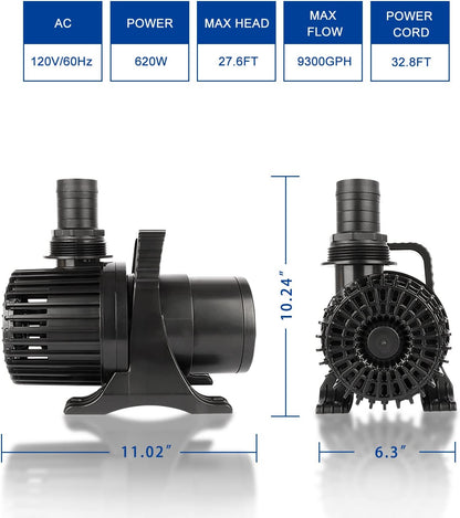 OYO WATER Outdoor Large 9300gph-620W 32.8FT Pond Water-fall & Kio Fish Fountain-s &Garden Pump Submersible IPX8: Long 32.8FT Cord Smart-er & Quieter Duck & Yard &Patio Ponds Pumps, 1 Barrier Pump Bag