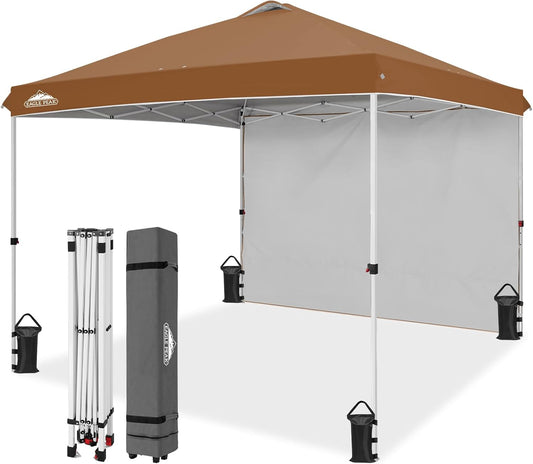 EAGLE PEAK Pop Up Canopy Tent with 1 Sidewall, Easy Setup Event Tent, Outdoor Sun Shade, Wheeled Carry Bag, Stakes and Guy Ropes, Instant Canopy 10x10, Khaki