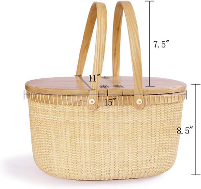 Nantucket Basket Crafts Cane-on-Cane Weave Picnic Basket Shopping Basket Basket Storage Basket Two Swing Handles (Ash Activity Double Open)