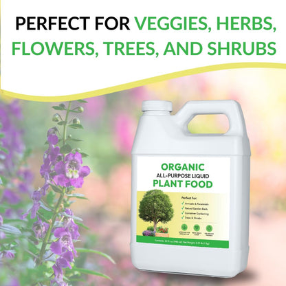 Organic All-Purpose Liquid Plant Food - Use on All Outdoor Plants: Flower Beds, Vegetable Gardens, Container Gardening | Concentrated Liquid Fertilizer Alternative (32oz, 2 Pack, Mixes to 64 Gallons)