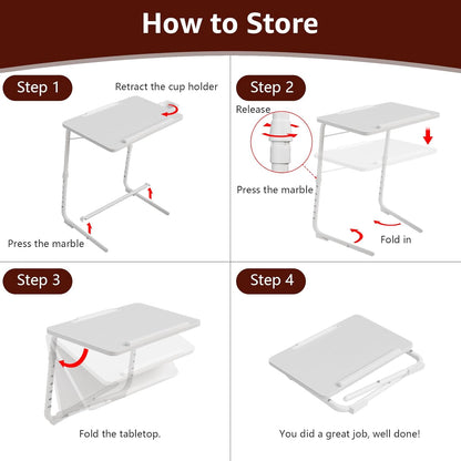 Adjustable TV Tray Folding Dinner - White Trays for Eating On Couch Wooden Tables Mate Stand Foldable Desk with Cup Holder Portable