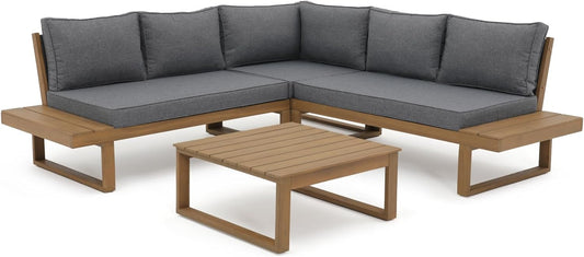 Soleil Jardin 4 Piece Acacia Wood Patio Furniture L-Shaped Outdoor Sectional Sofa Set with Coffee Table, FSC Certified Conversation Set with Built-in Side Table and Grey Cushions for Garden
