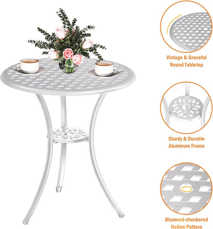 3 Piece Patio Bistro Set, Outdoor Bistro Table and Chairs Set of 2 w/Umbrella Hole, Rust-Resistant Cast Aluminum Bistro Set for Garden/Balcony/Backyard, White