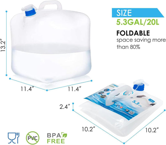 Collapsible Water Container with Spigot, 2×5.3 Gallon BPA Free Camping Water Storage Jug Carrier for Outdoors Hiking Backpack RV&Emergency, Survival Water Canteen-Portable Foldable Transparent