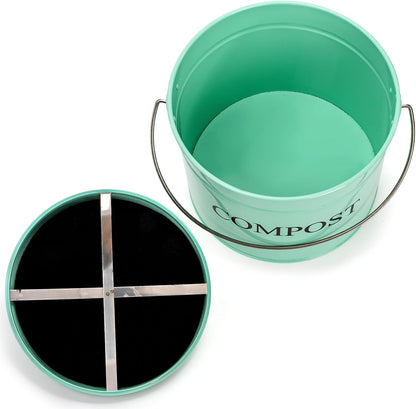 AVLA Kitchen Compost Bin, 1 Gallon Countertop Food Waste Container, Odorless Composter Bucket with Lid and Charcoal Filter, Indoor Metal Composting Pail, Mint Green
