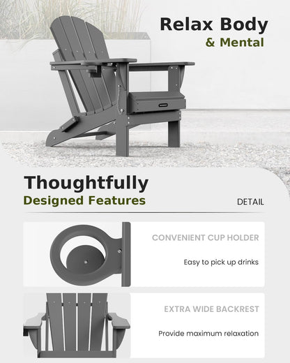 MUCHENGHY Folding Adirondack Chairs Set of 2 HDPE Weather Resistant, Patio Firepit Chairs, Sturdy Outside Chairs, Lawn Chairs, 15min Assembly 380lb Grey