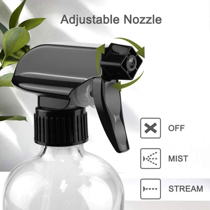 Glass Spray Bottles, 16oz Refillable Containers, Empty Boston Round Bottles with Labels & Adjustable Nozzle for Cleaning, Gardening, Aromatherapy, Pets, Plant, Hair -Clear (1 Pack)