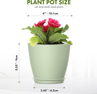 8 Pack 4 Inch Plant Pots with Drainage Holes and Saucers, Pots for Plant Indoor, Plastic Planters for Succulents and Small Plants, Green