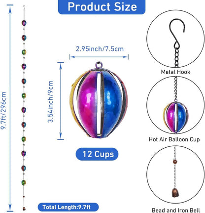 9.7 Ft Rain Chain, Hot Air Balloon Rain Chain for Gutters, 12 Cups Metal Rain Catcher Chain with Bell, Adjustable Length for Eaves Drainage, Replacement for Downspout