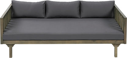 Christopher Knight Home Claremont Outdoor 3 Seater Acacia Wood Daybed with Fabric Water Resistant and Removable Cushions, Patio Garden Sofa with Slat Paneling Armrest and Back, Grey and Dark Grey