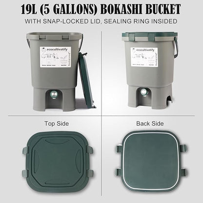 18.8L Bokashi Bucket with Snap-Locked Lid, 5 Gallon Compost Bin, Kitchen Composter with Bran, Kitchen Compost Pail, ecocultivatify Bokashi Kit Set with Starter (Grey & Dark Green)