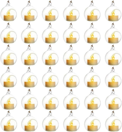 Sziqiqi Hanging Glass Globes Orbs Tea Light Candle Holders with Flameless LED Tealight for Wedding Ornaments, Wedding Birthday Christmas Party Centerpiece Accessory 2.36inch 30pcs +6 Extra