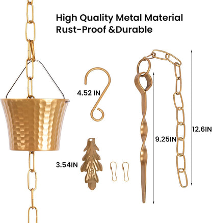 Rain Chain for Outside with Adapter,Wrought Iron Rain Chains Set 8.5 Ft,Not Rust, Gotta Drain with Metals Anchoring Stake, 14 Cups, 1 Hook, Adjustable Gutter Downspout for Outdoor(Gold)