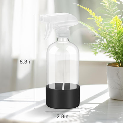 2 Pack Glass Spray Bottles with Silicone Sleeve, 16 oz Empty Refillable Containers with Adjustable Spray Nozzles, Spray Bottles for Hair, Cleaning Solutions and Plants Black&Grey
