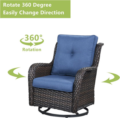 Outdoor Patio Swivel Rocker Chairs - Wicker Rattan Patio Swivel Rocking Chairs Set of 2 with High Back,Deep Seating and Comfort Cushions for Deck Porch Garden,Brown/Blue