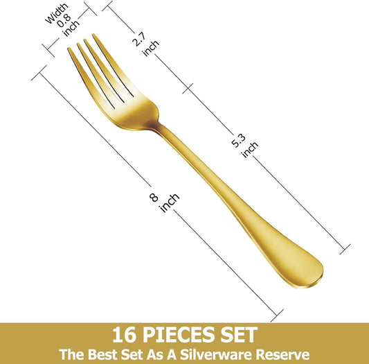 16-Piece Gold Dinner Fork Set, Stainless Steel Silverware, Mirror Polished, Dishwasher Safe - 8 Inch