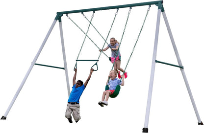 Backyard Discovery Big Brutus Galvanized Steel Swing Set Kit with Classic A-Frame, Two Belt Swings, One Trapeze Bar, Easy Assembly, Heavy-Duty Powder-Coated Steel, Weather-Resistant, Outdoor Playset