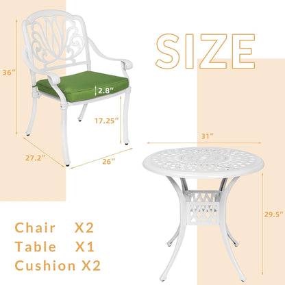 3-Piece Outdoor Patio Dining Set, All-Weather Cast Aluminum Patio Furniture Set for Backyard Garden Deck with 2 Cushioned Chairs and 31” Round Table, 2" Umbrella Hole, White
