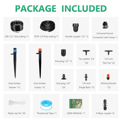 240FT Drip Irrigation System, Automatic Drip Irrigation Kit with 1/2 inch Hose 1/4 inch Distribution Tubing and Accessories for Greenhouse, Yard, Lawn, Plant