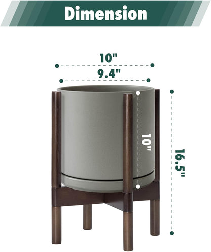 D'vine Dev Ceramic Planter with Walnut Color Stand - 10 Inch Modern Round Flower Pot with Wood Planter Holder, Grey, 55-B-X-3