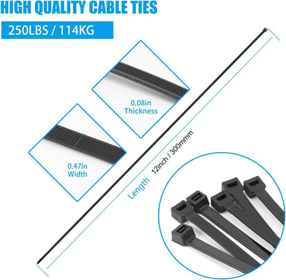 12 inch Garden Green Zip Ties Heavy Duty 100 PCS, 250 LBS Ultra Exclusive Strong Plastic Wire Ties, Large Cable Ties Extra Long Tie Wraps, Indoor and Outdoor UV Resistant