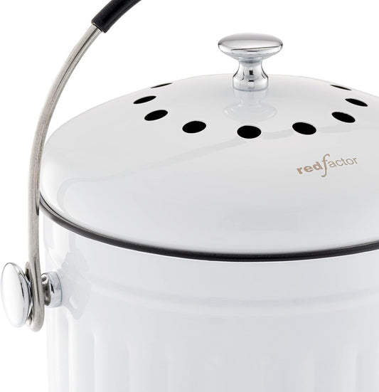 RED FACTOR Premium Compost Bin for Kitchen Countertop - Stainless Steel Food Waste Bucket with Innovative Dual Filter Technology - Includes Spare Filters (White, 1.3 Gallon)