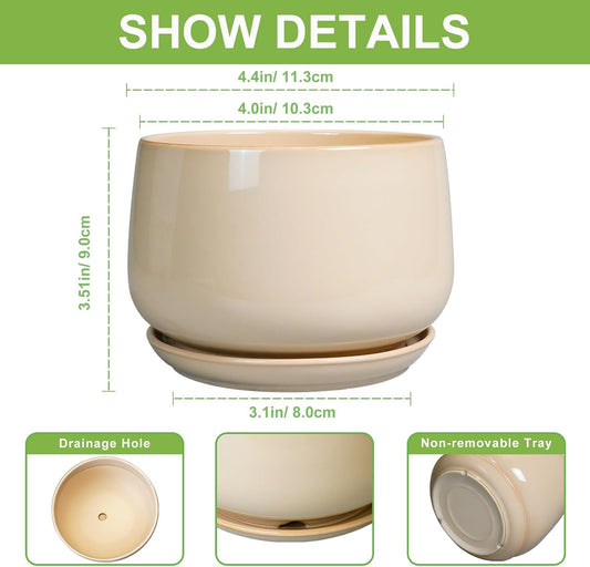 G EPGardening 4 inch Plant Pots - Ceramic Planter with Drainage Hole & Saucer, Small Plant Pots for Indoor Outdoor, Round Succulent Pot, Modern Decorative Flower Pot, Desk Decor, Garden Gifts, Beige