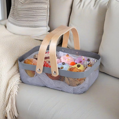 Metal Mesh Steel Basket, Storage Organizer Basket Garden Harvest Basket Multi-functional Kitchen Fruit Baskets Bin with Wooden Handle for Bathroom Picnic Shopping Decor Cabinet Home, Grey