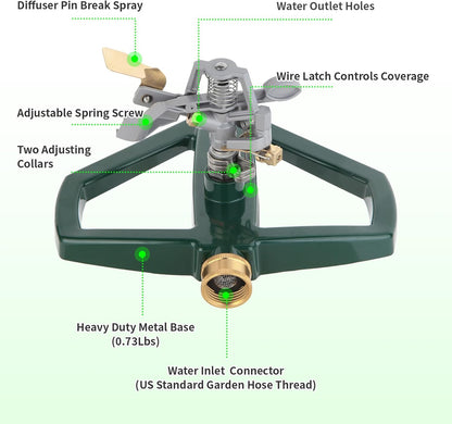 Metal Sprinklers for Yard Heavy Duty Zinc Alloy Pulsating Impact Sprinkler, Adjustable Rainbird Sprinkler Head with Metal Base, Sprinkler System for Lawn Yard Large Area Garden