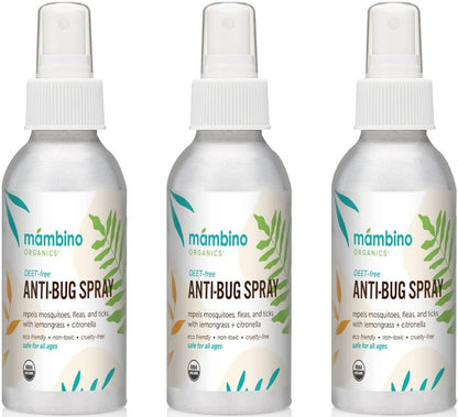 Anti-Bug Spray DEET-Free – Organic, All-Natural Bug Spray Travel Size with Essential Oils – Non-Toxic, Reef Safe, Face-Safe Bug Repellent for Babies, Kids, Adults by Mambino Organics, 4oz 3-Pack