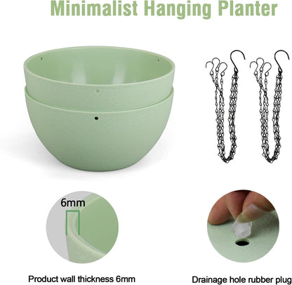 8 inch Small Hanging Planters Plant Pots for Indoor Outdoor Plants, 2 Pack Hanging Flower Pots with Drainage Holes and Chain for Garden Porch, Plastic Hanging Baskets for House Plants, Green
