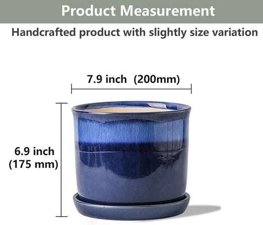 8 Inch Plant Pot: Ceramic Planter with Drainage Hole & Saucer for Indoor Outdoor Plants - Flowerpot with Bonded Tray for Home Office - Blue Reactive Glaze