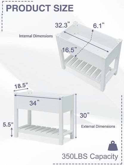 Psilvam Planter Box Raised Garden Bed, Poly Lumber Raised Garden Beds Outdoor with Storage Racks and Tarps, Superior to Cedar Elevated Garden Bed with Leg, for Balcony and Porch, 350 lbs Load (White)