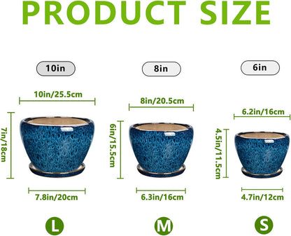 Ceramic Plant Pots Indoor, 10 Inch 8 Inch 6 Inch Round Planters Pots for Indoor Outdoor Plants, Modern Large Flower Pots with Drainage Holes and Saucers, Set of 3, Blue