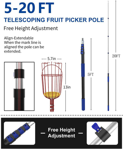 26FT Reach Fruit Picker, 5-20 Foot Sturdy Aluminum Telescoping Fruit Picker Extension Pole with Metal Twist-on Basket, Suit for Apple Pear Lemon Mango Guava Orange Avocados Tree Fruit Picking