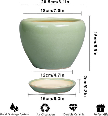 8 Inch Plant Pot - Ceramic Planter for Outdoor Plants Indoor Plant Pot with Drainage Hole and Saucer Mid-Century Round Planter Flower Pot for House Garden Green