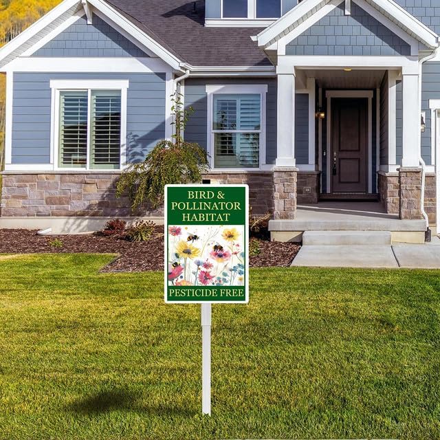 Bird and Pollinator Habitat Pesticide Free Yard Sign With Stakes 8X12 inches Rustproof Reflective Aluminum Pollinator Friendly Garden Sign Stand Bee Outdoor Decor
