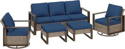 5 Pieces Metal Wicker Patio Furniture Set with 75" Sofa, Two Swivel Chairs and Two Ottomans, All Weather Rattan Outdoor Conversation Furniture with Washable Cushions for Porch, Dark Blue