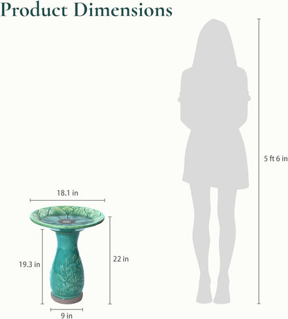 LuxenHome 23 Inch Ceramic Bird Bath for Outside, Elegant Tall Outdoor Bird Bath, Lightweight Pedestal Glazed Birdbaths for Outdoors with Floral Embossed Design, Jade Green