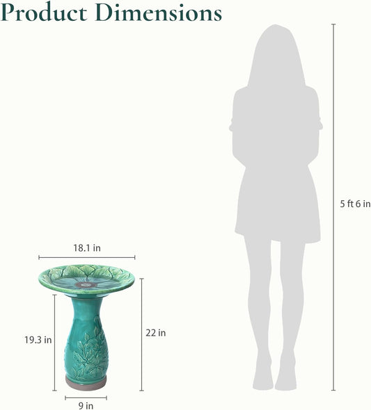 LuxenHome 23 Inch Ceramic Bird Bath for Outside, Elegant Tall Outdoor Bird Bath, Lightweight Pedestal Glazed Birdbaths for Outdoors with Floral Embossed Design, Jade Green