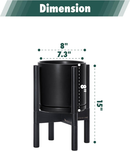 D'vine Dev Ceramic Planter with Ebony Stand - 8 Inch Modern Round Flower Pot with Wood Planter Holder, Black, 55-B-M-2