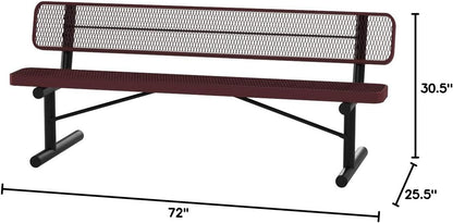 Coated Outdoor Furniture Heavy-Duty Portable Outdoor Bench Thermoplastic Coated, Expanded Metal, Commercial-Grade Seating, Made in America (Portable with Back, 6 Ft, Burgundy)