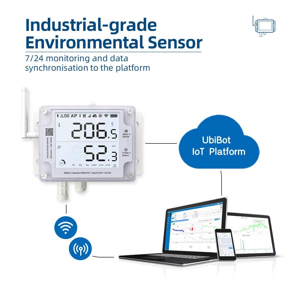 Ubibot Thermometer Hygrometer, Wireless Temperature Data Logger, Remote Humidity Monitor for Refrigerated Truck Free App Email Alarm, IFTTT 2.4GHz only (GS1-AL4G1RS WiFi & SIM)