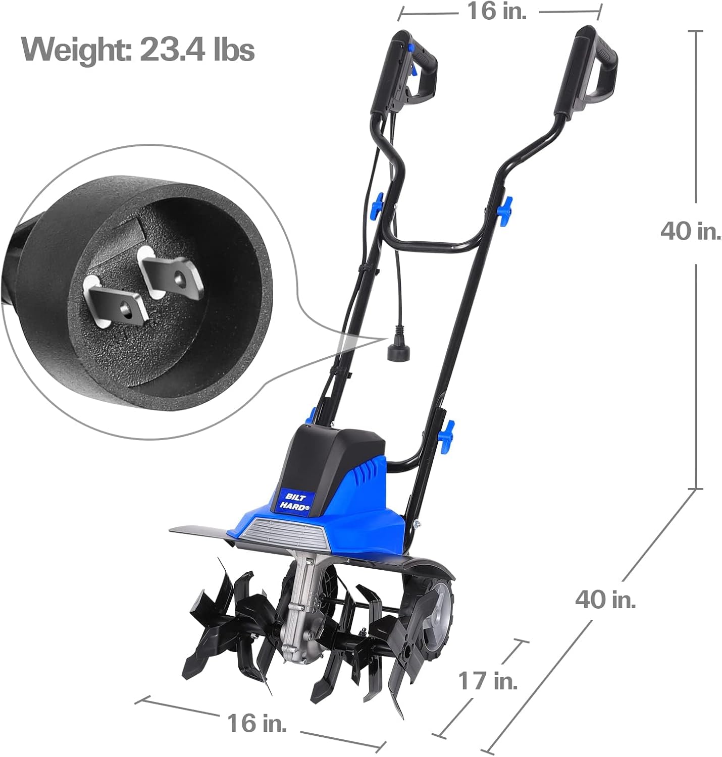 BILT HARD Tiller Cultivator 16 inch, 13.5 Amp 6 Steel Tines Tillers for Gardening Foldable, Electric Garden Rototiller with Adjustable Wheels
