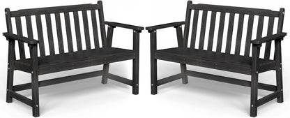 Outdoor Bench, 2-Person HDPE Garden Bench, All Weather Poly Patio Bench for Outdoors, Garden, Backyard, Porch and Park, 550 lbs Weight Capacity, Black, 2 Pack