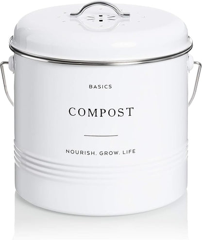 D'Lifeful Kitchen Compost Bin – 1.3 Gallon Countertop Farmhouse Compost Container with Lid – Odorless Indoor Food Scrap Pail with 6 Charcoal Filters – Eco-Conscious and Easy to Clean (White)