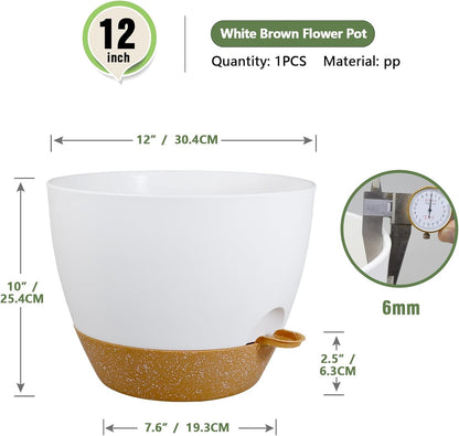 12 inch Large Self Watering Pots for Indoor Outdoor Plants, Plant Pots with Mesh Drainage Holes for Garden House Plants, Plastic Planters with Reservoir for Flower Plants, White with Brown
